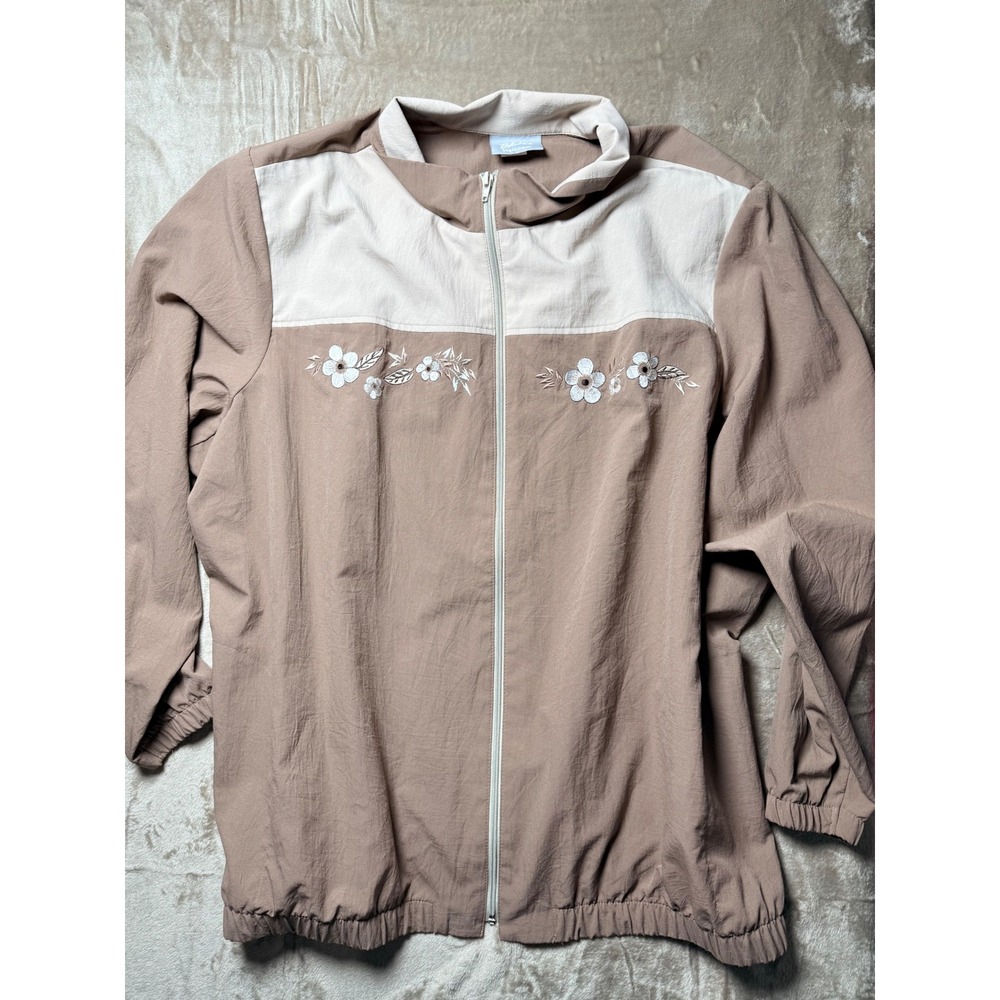 VTG Blair Womens 3XL Tan Cream Floral Embroidered Full Zip Windbreaker Cottage